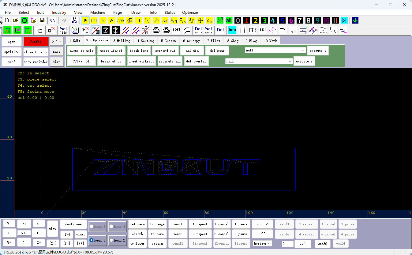 Screenshot of ZINGCUT CNC oscillating knife cutting software slot milling panel, showing contour offset, batch T/U/V slot cutting and optimized milling toolpath editing interface