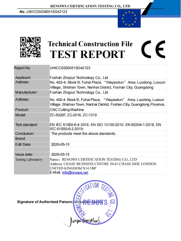 ZINGCUT CNC cutting machine CE test report issued by Renows Certification Testing Co., Ltd.