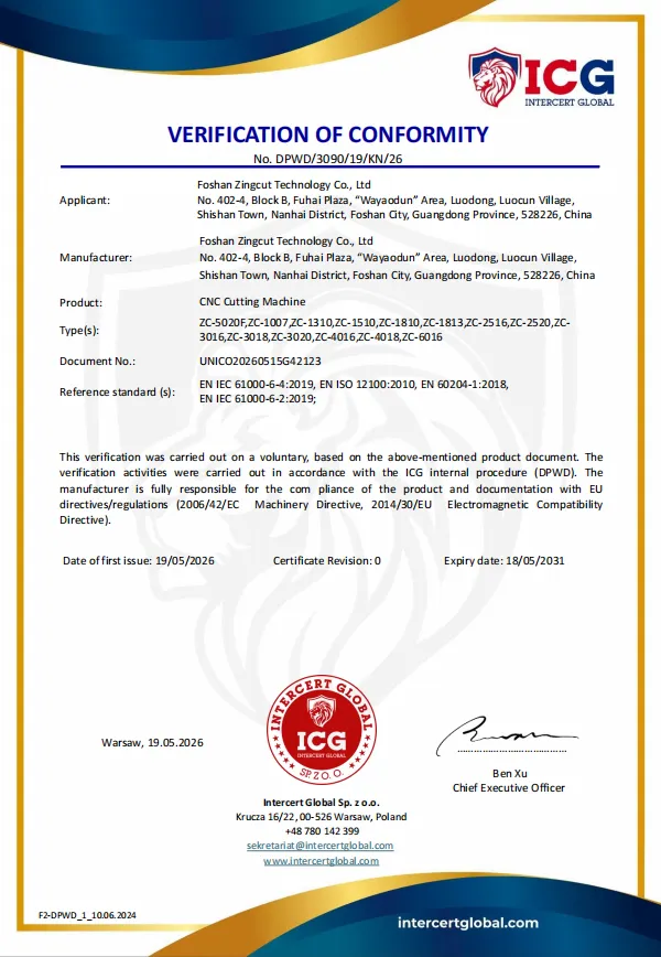 ZINGCUT CNC cutting machine CE conformity verification certificate issued by Intercert Global