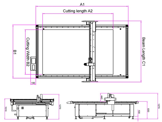 ZINGCUT CNC cutting machine dimensional drawing, showing effective cutting range A2B2