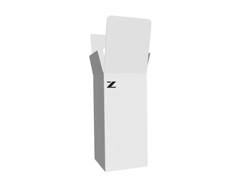  3D mockup of ZINGCUT custom packaging box, open carton structure with brand logo for CNC cutting machine accessories
