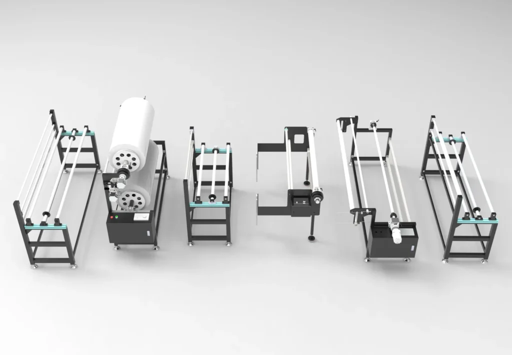 ZINGCUT feed rack system components with advantages introduction, showing modular material handling racks for roll-to-roll cutting
