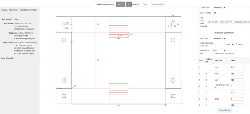  ZINGCUT packaging design software screenshot, step 3 of box making process, adjusting structural parameters including length, width, height and paper thickness for custom carton boxes