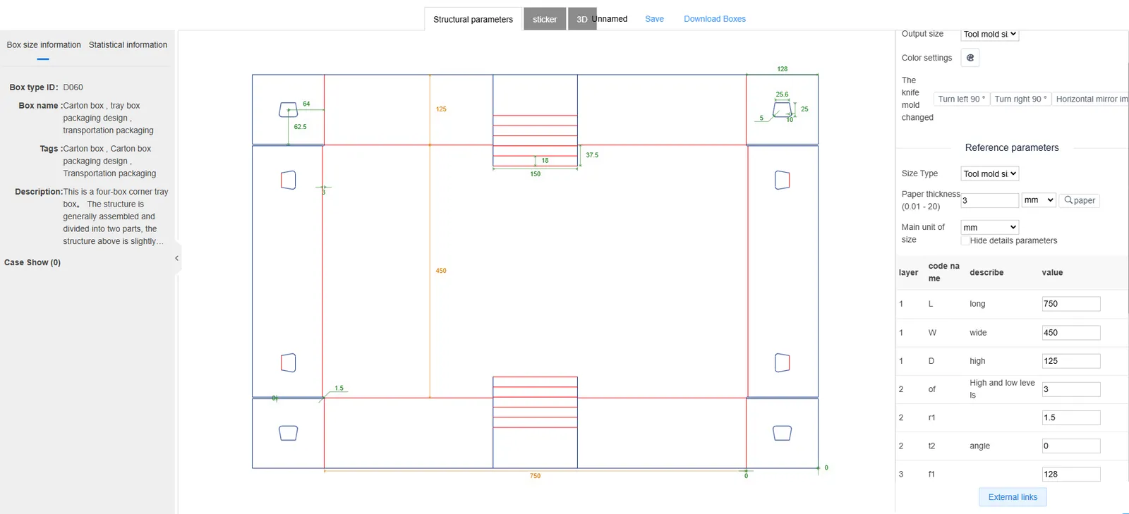  ZINGCUT packaging design software screenshot, step 3 of box making process, adjusting structural parameters including length, width, height and paper thickness for custom carton boxes
