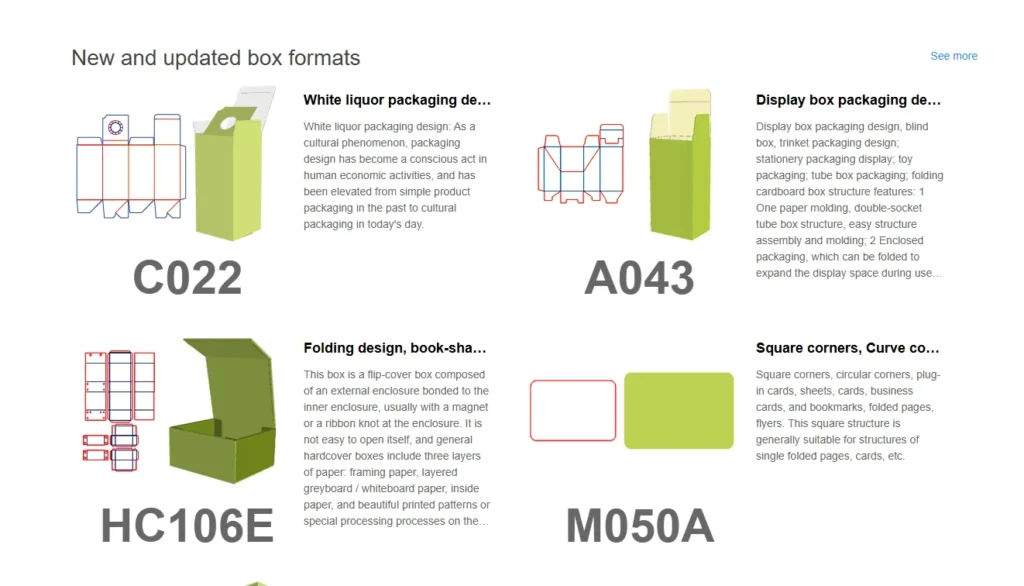  ZINGCUT packaging design software screenshot, step 2 of box making process, selecting new and updated box formats from template library with dieline and 3D previews
