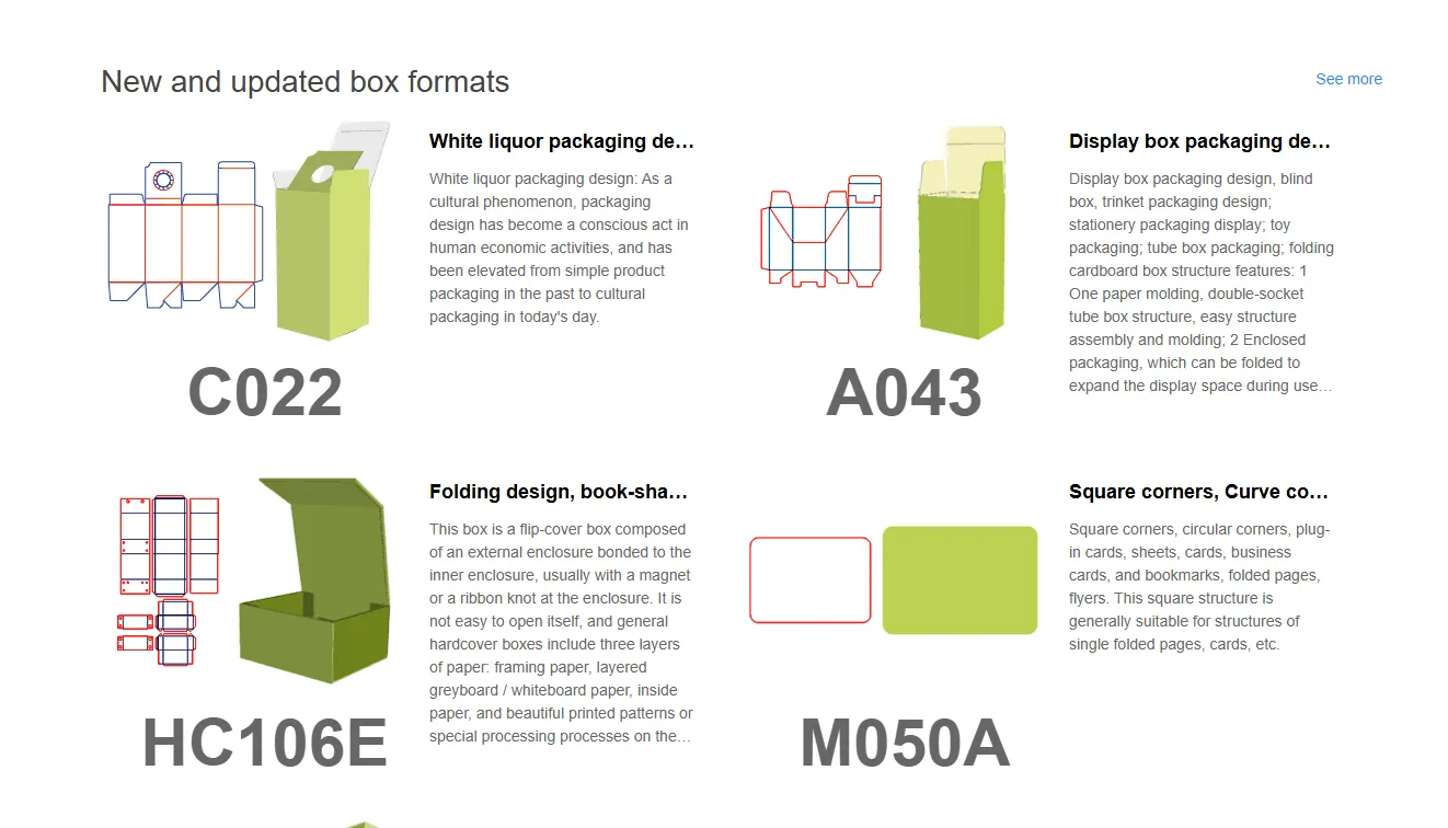  ZINGCUT packaging design software screenshot, step 2 of box making process, selecting new and updated box formats from template library with dieline and 3D previews