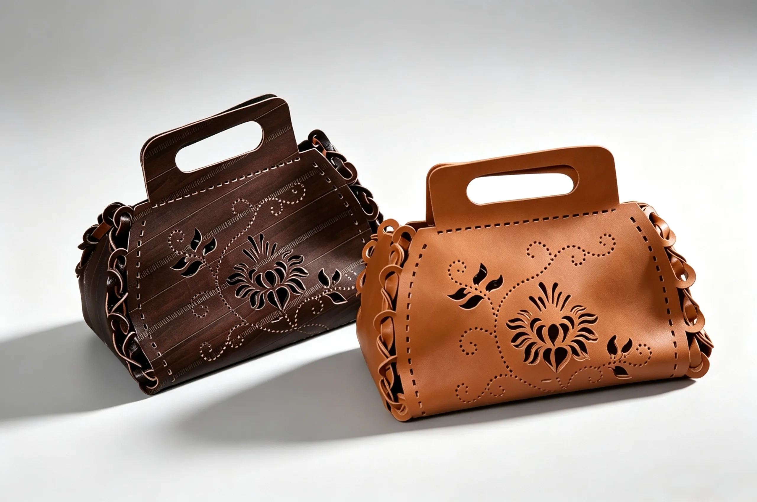 Bag solution banner with handmade leather handbags, ZINGCUT CNC cutter for cutting leather, canvas and interlining materials for bag production