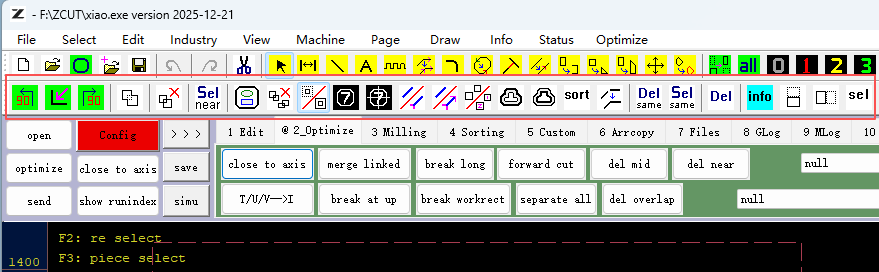 Central toolbar of flexible cutting machine software, quick access for file handling, graphic drafting and toolpath optimization