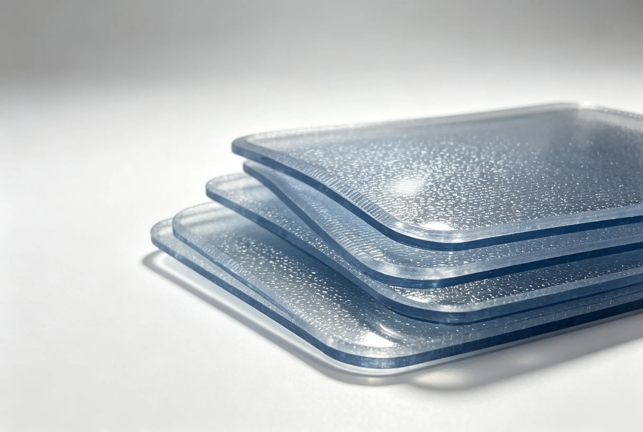Stacked transparent blue PVC sheet composite material processed by flexible digital cutter