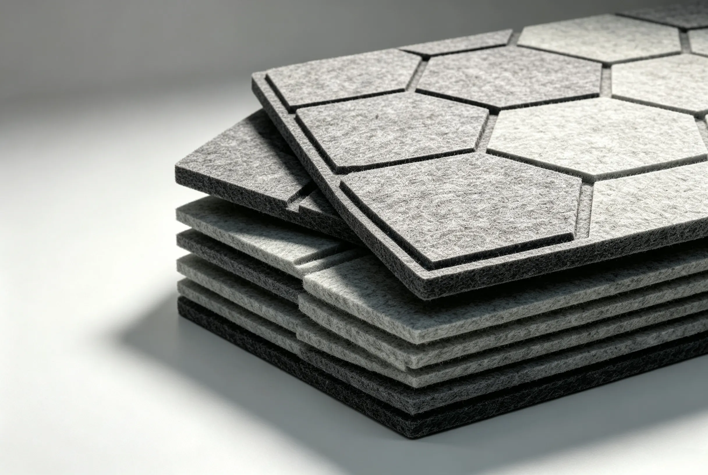 Stacked hexagonal patterned sound‑absorbing panel cut by flexible digital cutter for composite industry
